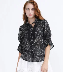 Smart & Joy Polka Dot chiffon blouse met tulpmouwen black Hot
