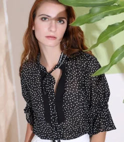 Smart & Joy Polka Dot chiffon blouse met tulpmouwen black Hot