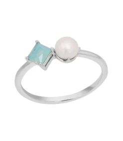 NOELANI Ring voor dames, 925 sterling zilver, synthetische edelsteen, gekweekte zoetwaterparel silver New