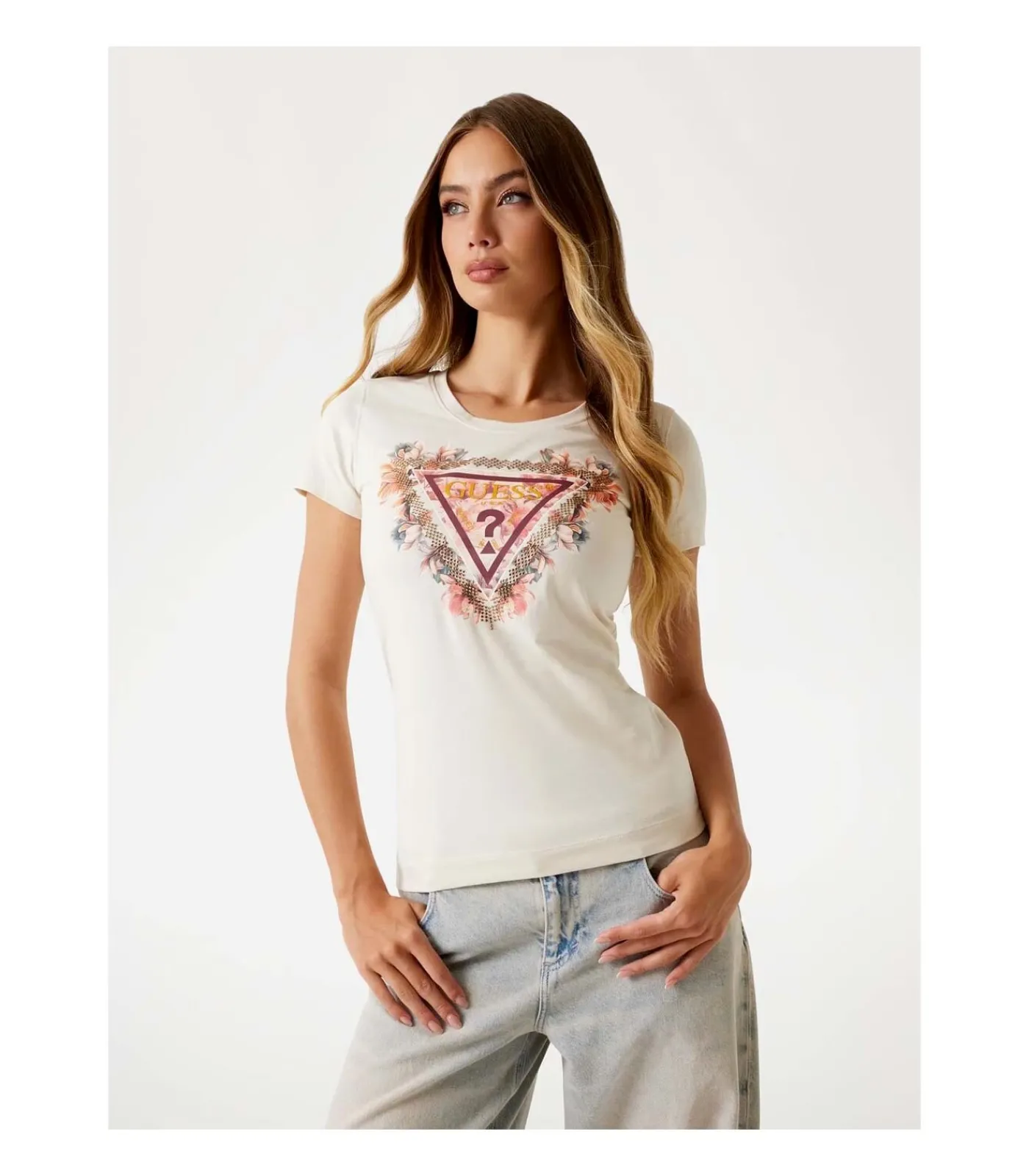 GUESS Ss Triangle Flowers Tee beige Hot
