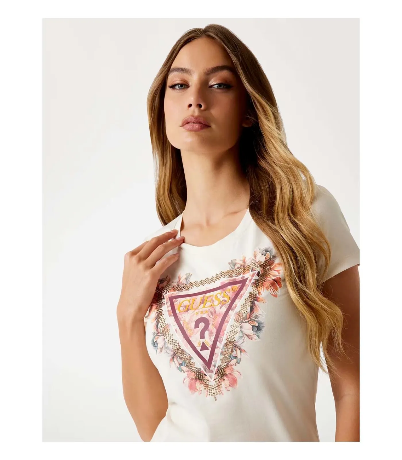 GUESS Ss Triangle Flowers Tee beige Hot