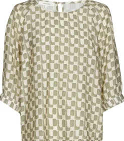 Marie Méro Vlot bloesje met print in olijfkleur en ecru oliveGreen Outlet