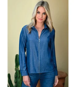 BLEU D'AZUR YOPAL Shirt met ritssluiting en strass-effect in denimlook blue Outlet