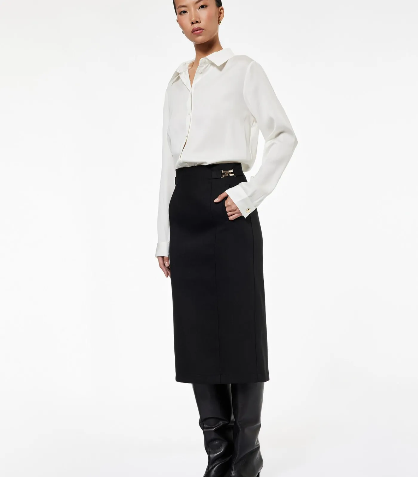 Koton Zwarte Midi Kokerrok Hoog Gesneden met Metalen Details black Best