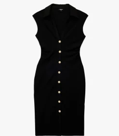 Koton Zwarte Midi-jurk V-hals Knopen Mouwloos black Clearance