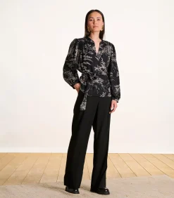 La Fée Maraboutée Zwart-witte top met print, ceintuur en lange mouwen black Best